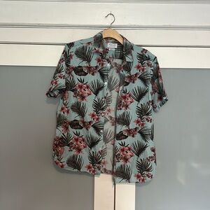Denim & flower tropical shirt. Slim fit